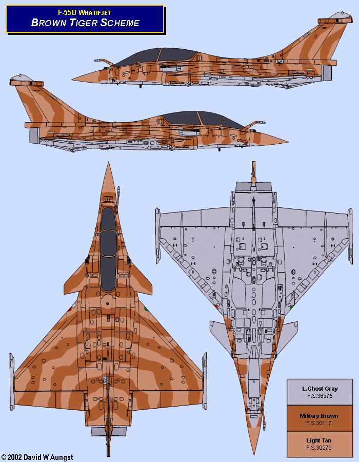 David W. Aungst F-55B Whatifjet Brown Tiger Scheme in four Rafale B orthographic views.