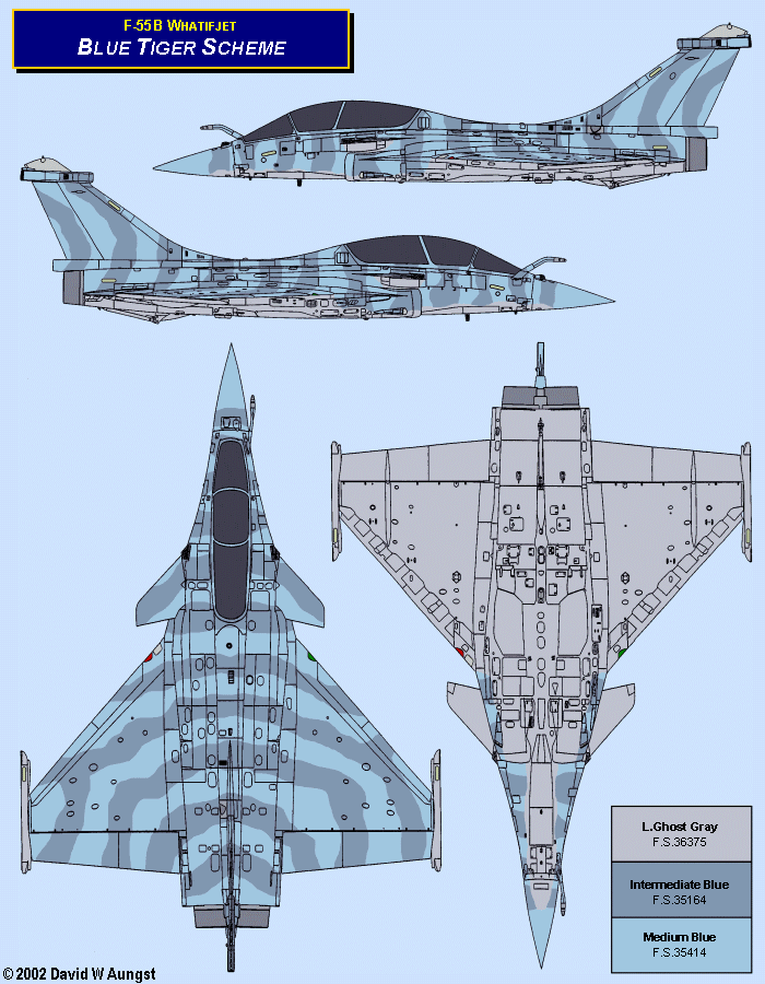 David W. Aungst F-55B Whatifjet Blue Tiger Scheme in four Rafale B orthographic views.