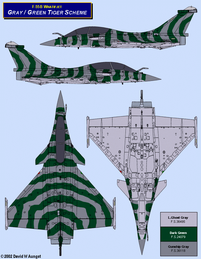 David W. Aungst F-55B Whatifjet Gray and Green Tiger Scheme in four Rafale B orthographic views.