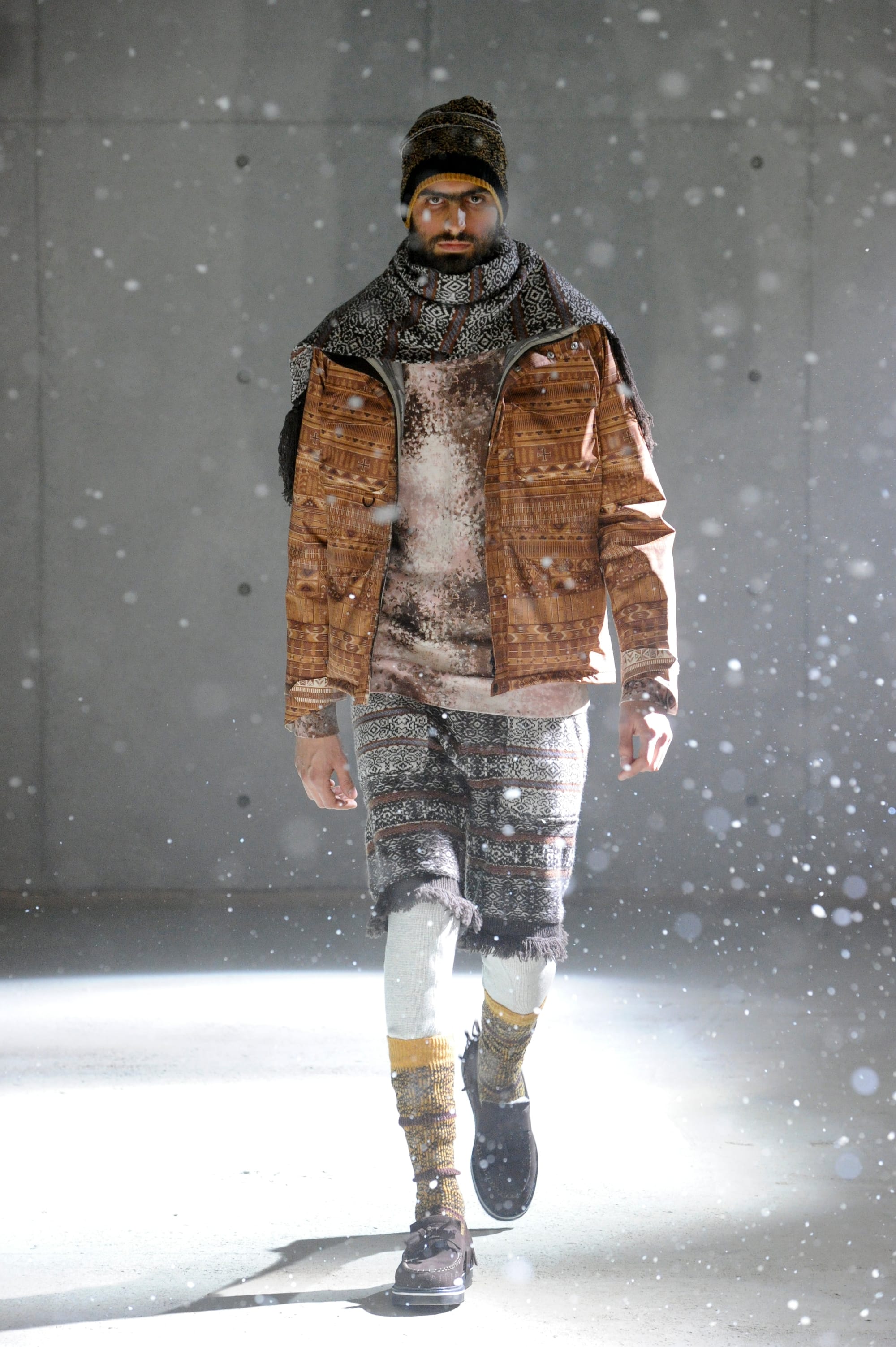 White Mountaineering Wilderness Outfitters look 11: striped knit duffle coat, layered cardigan and matching trousers.