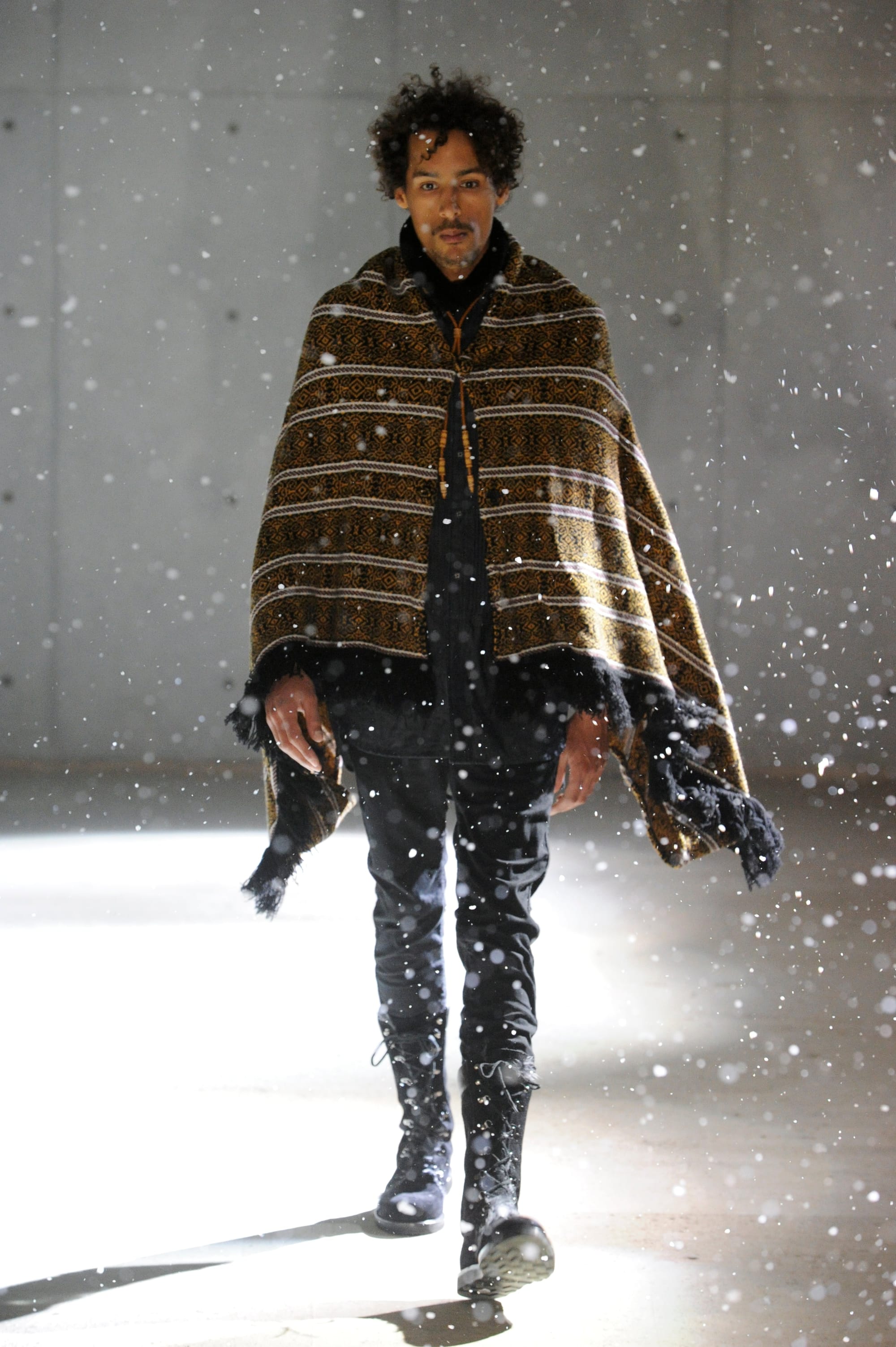 White Mountaineering Wilderness Outfitters look 14: red, cream and black Fair Isle sweater with dark trousers.