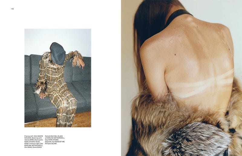 Near East Magazine spread with a model in a sculptural checked look and a close view of a fur garment across a bare back.
