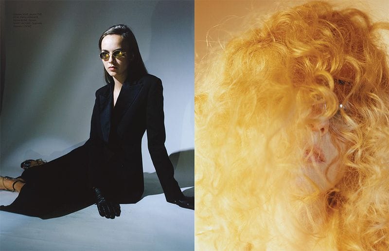 Near East Magazine spread pairing a black tailored look and round sunglasses with a warm close-up framed by curly hair.