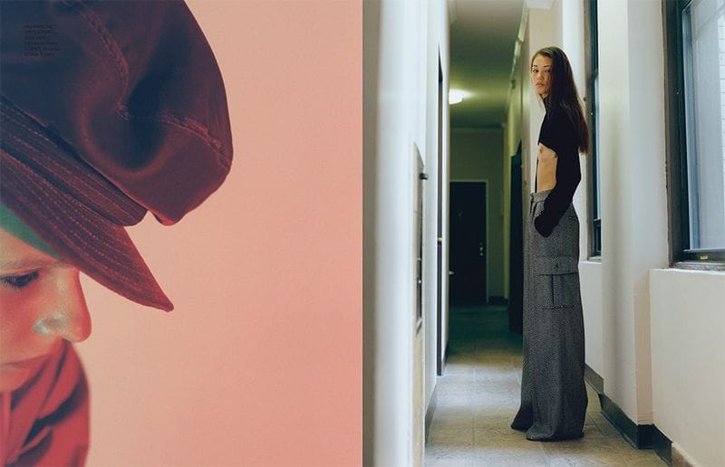 108 Big Optics spread pairing a pink-lit portrait under a brimmed hat with Kailey Hsu standing in a hallway.