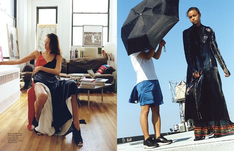 Near East Magazine spread with a seated model in a red, black and white dress and a rooftop portrait in a black embellished coat.