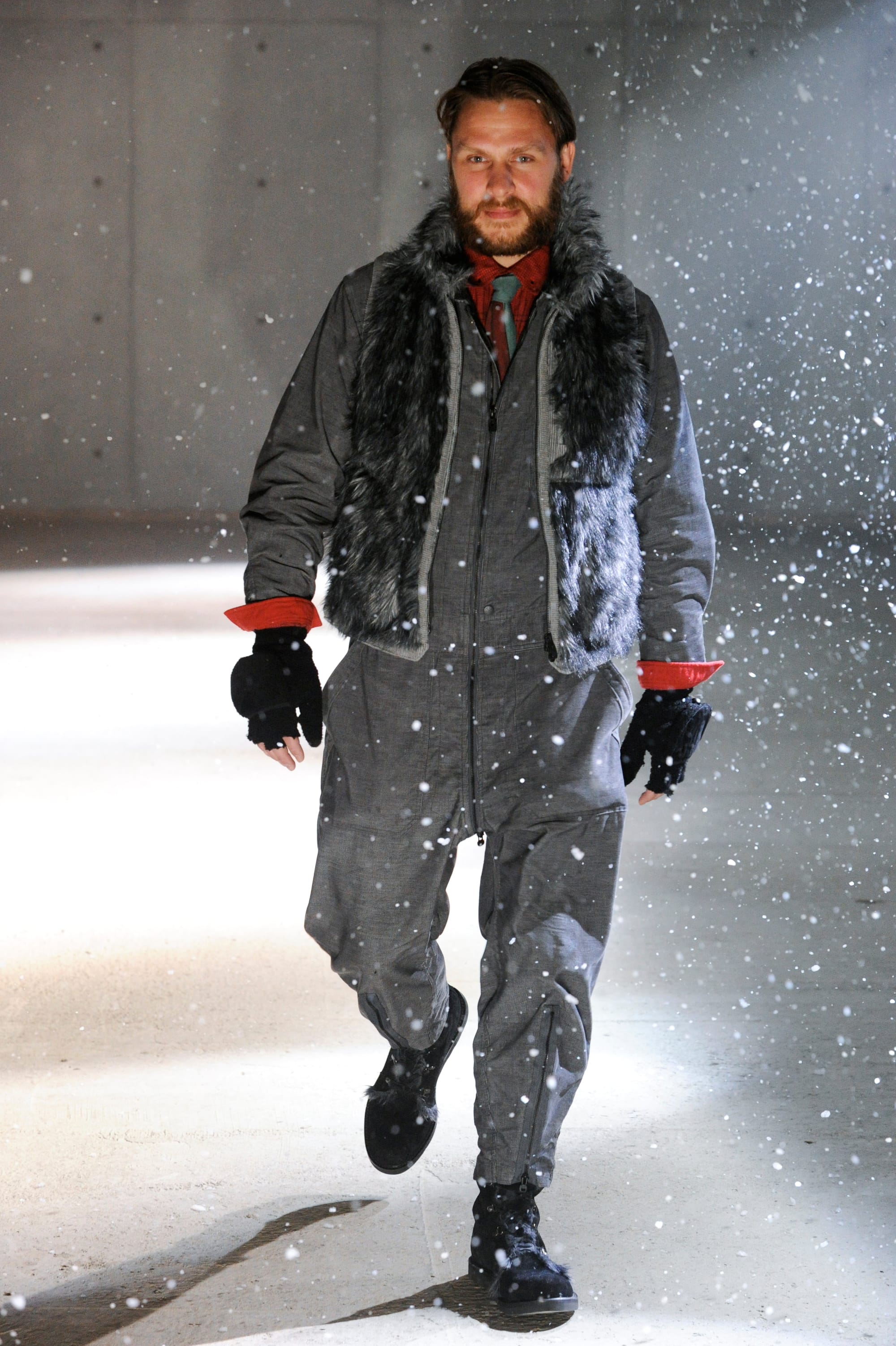 White Mountaineering Wilderness Outfitters look 18: tan hooded parka over brown corduroy tailoring.