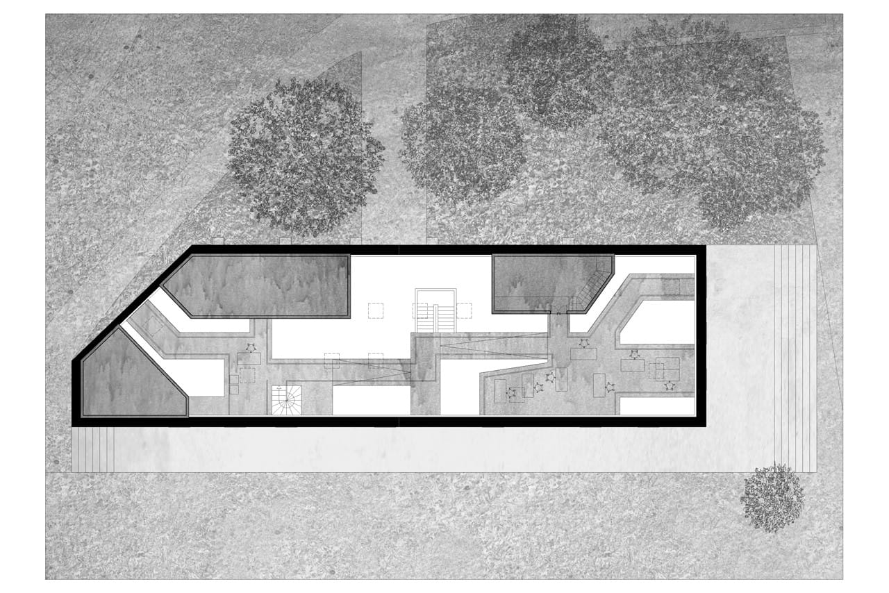 Casa dos Cubos roof-level plan showing the inserted angular volumes and circulation.