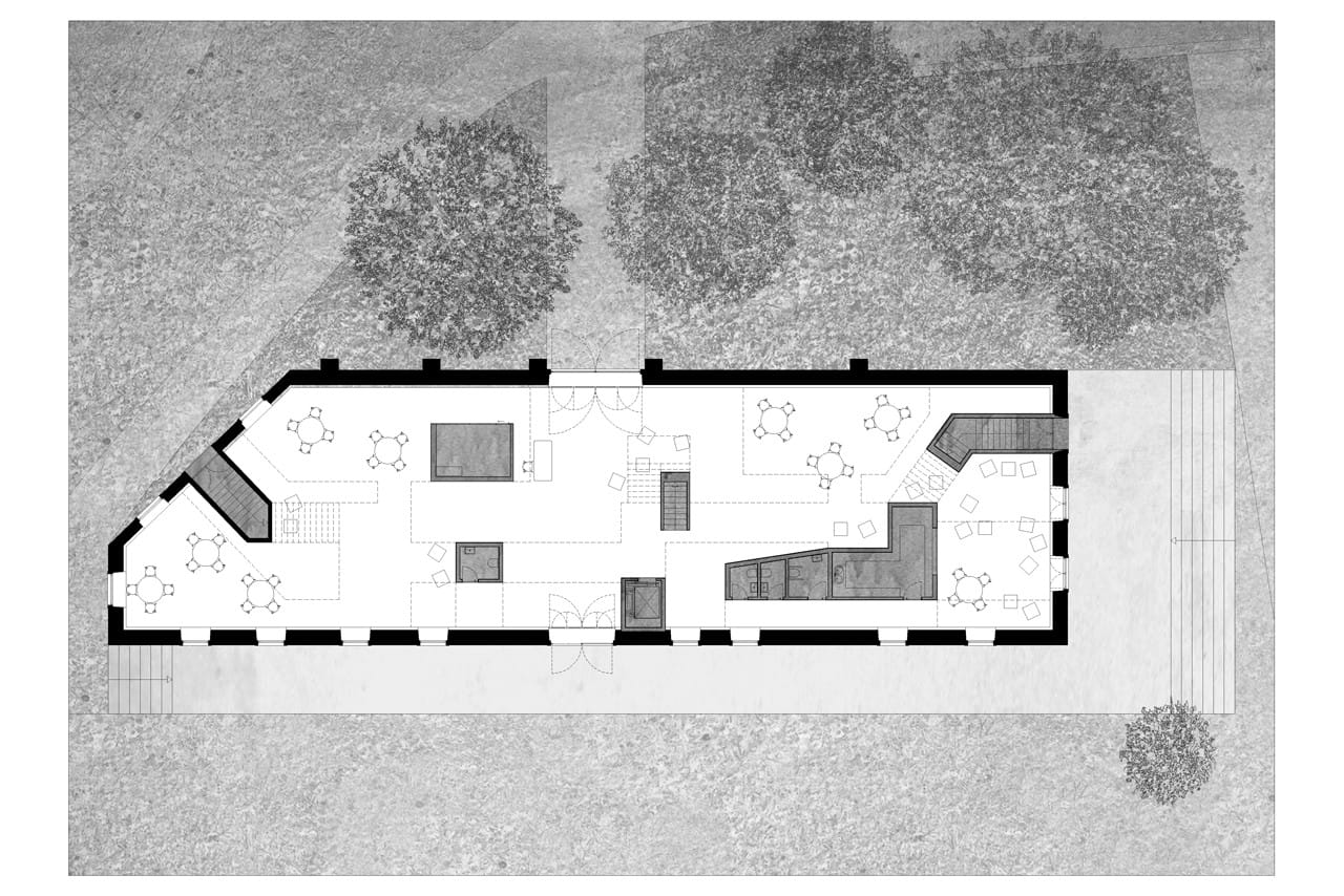 Casa dos Cubos ground-floor plan with exhibition, meeting and cafe spaces.
