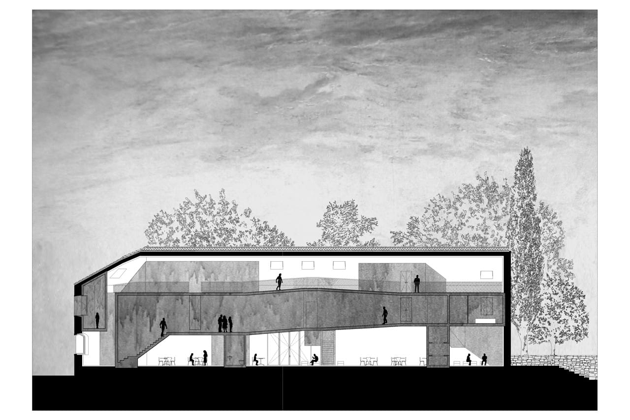 Longitudinal section through Casa dos Cubos showing stacked inserted volumes and circulation.