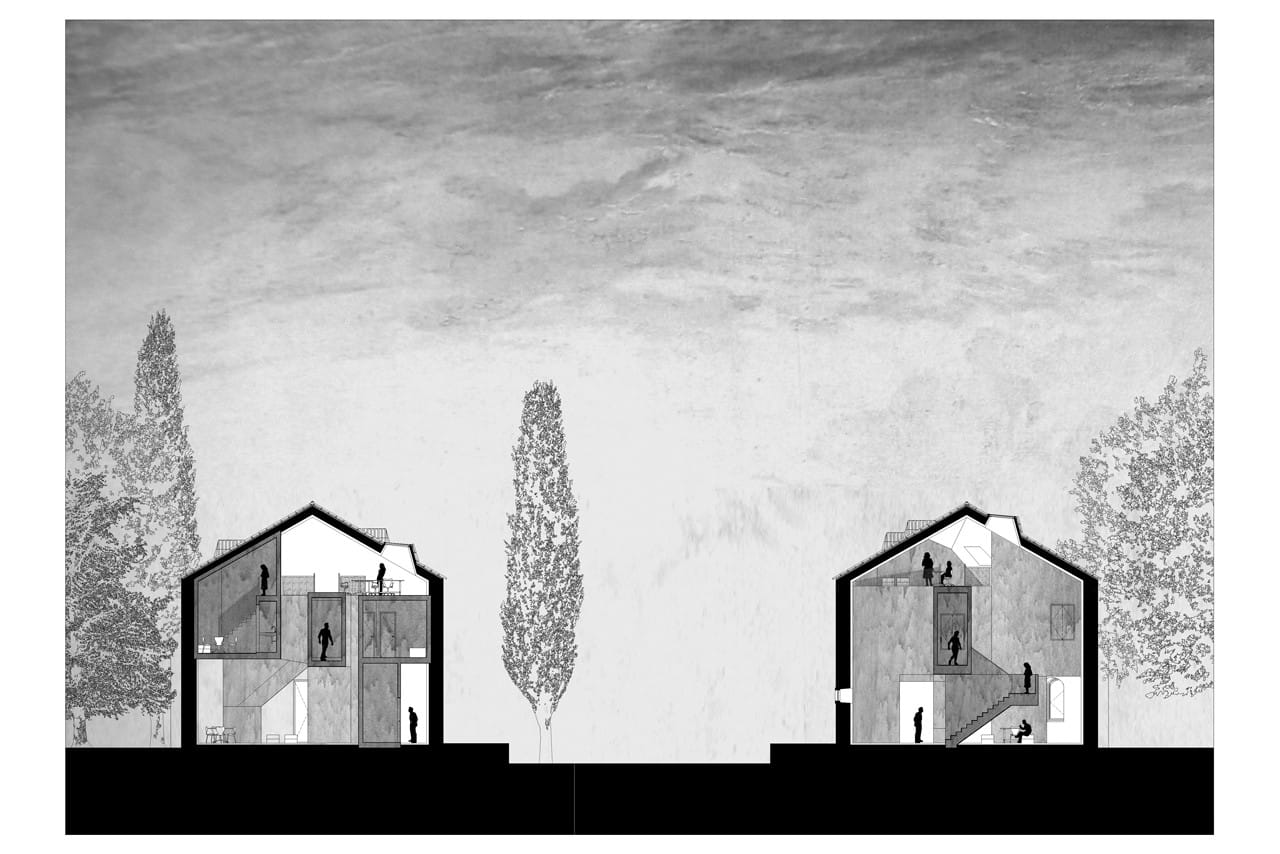 Two transverse sections through Casa dos Cubos showing the relationship between the new interior volumes and existing shell.