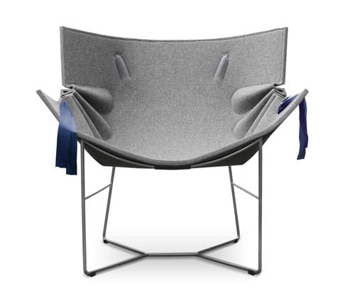 Front view of the grey felt Bufa Chair tied with long blue ribbons on a stainless-steel frame.