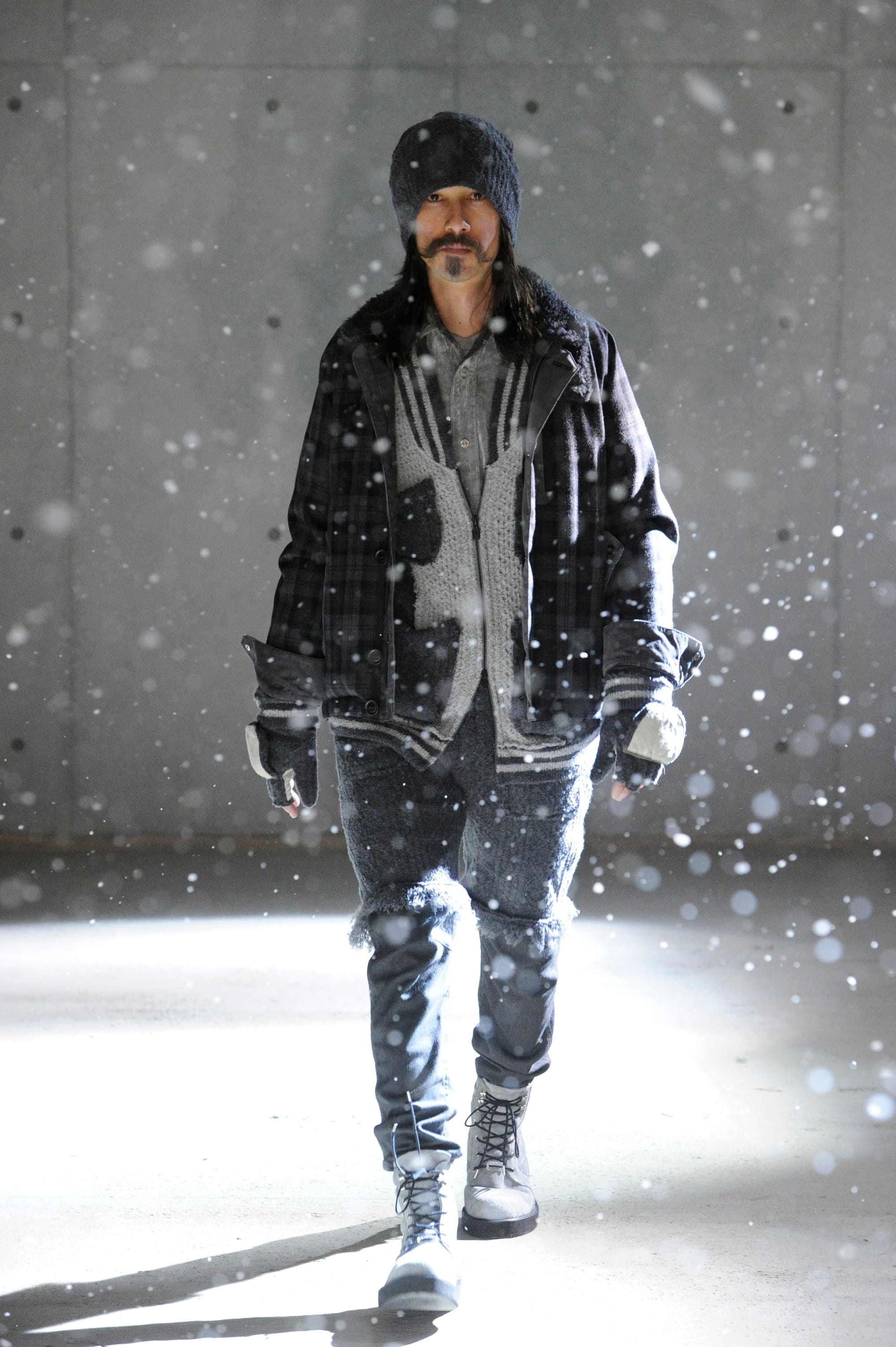 White Mountaineering Wilderness Outfitters look 29: grey and black layered knit suit with fur knee trim.