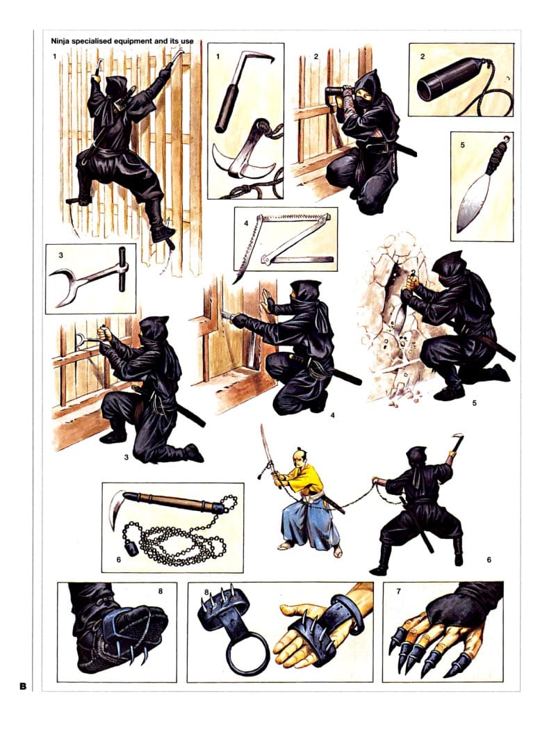Wayne Reynolds plate showing ninja specialized equipment and its use, including climbing hooks, listening tube, folding saw, kunai, kusarigama and hand spikes.