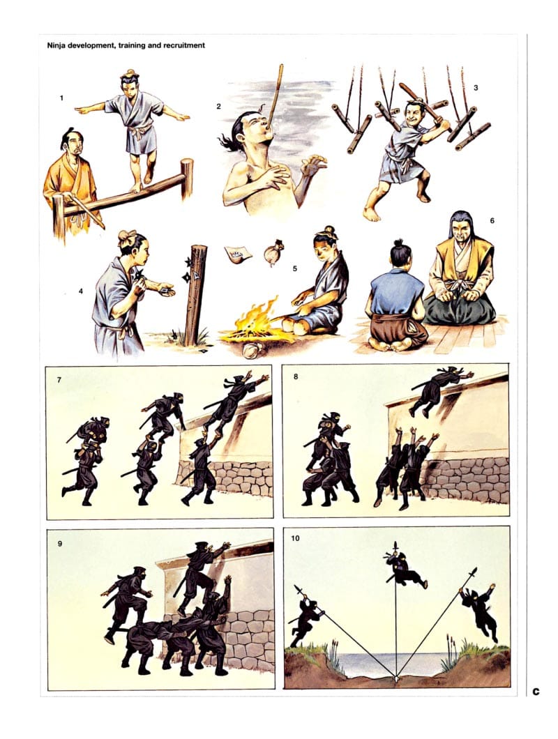 Wayne Reynolds plate of ninja development, training and recruitment with balance, underwater breathing, sword, shuriken, cooking and wall-scaling exercises.