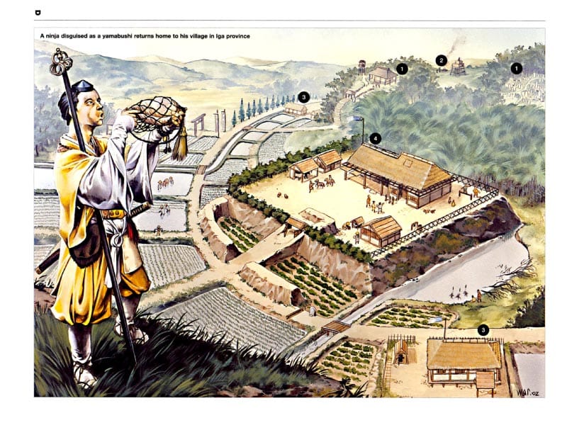 Wayne Reynolds plate of a ninja disguised as a yamabushi returning to a fortified village in Iga province.