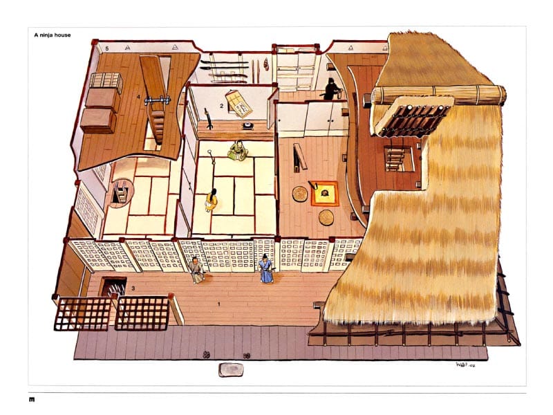 Wayne Reynolds cutaway plate of a ninja house with reception room, trap, hidden stair, loopholes, concealed upper floor and roof access.