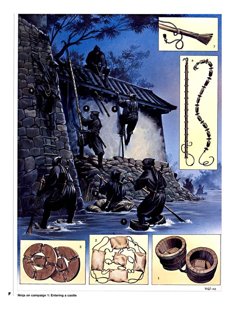 Wayne Reynolds Ninja on Campaign plate showing water-crossing devices, folding climbing gear and methods for entering a castle.