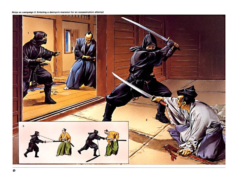 Wayne Reynolds plate of ninja entering a daimyo's mansion, using shuriken, attacking the daimyo and making a deceptive strike with a sword scabbard.