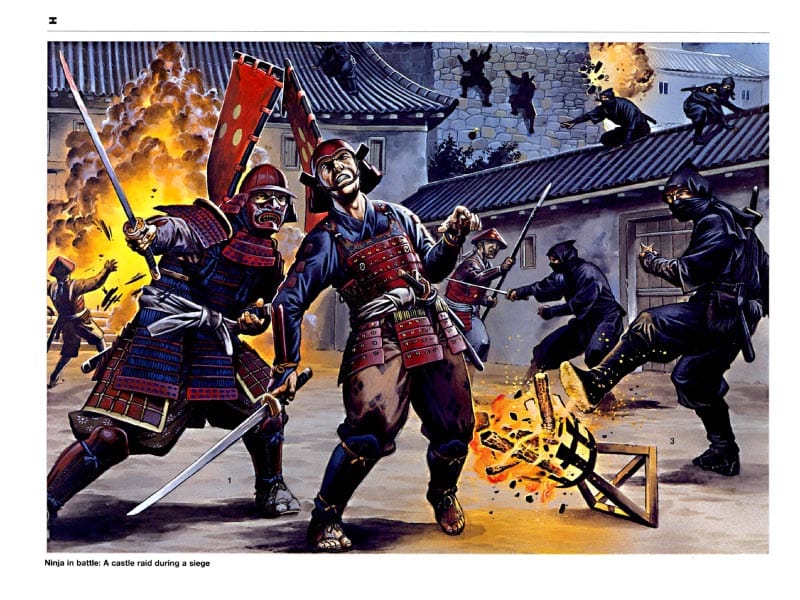 Wayne Reynolds plate of ninja raiding a castle during a siege by disguise, throwing hand bombs and overturning a lighting brazier.