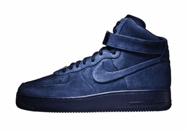 Full side profile of the Nike Air Force 1 High Vac Tech in tonal Obsidian suede with seamless molded upper, ankle strap and matching sole.