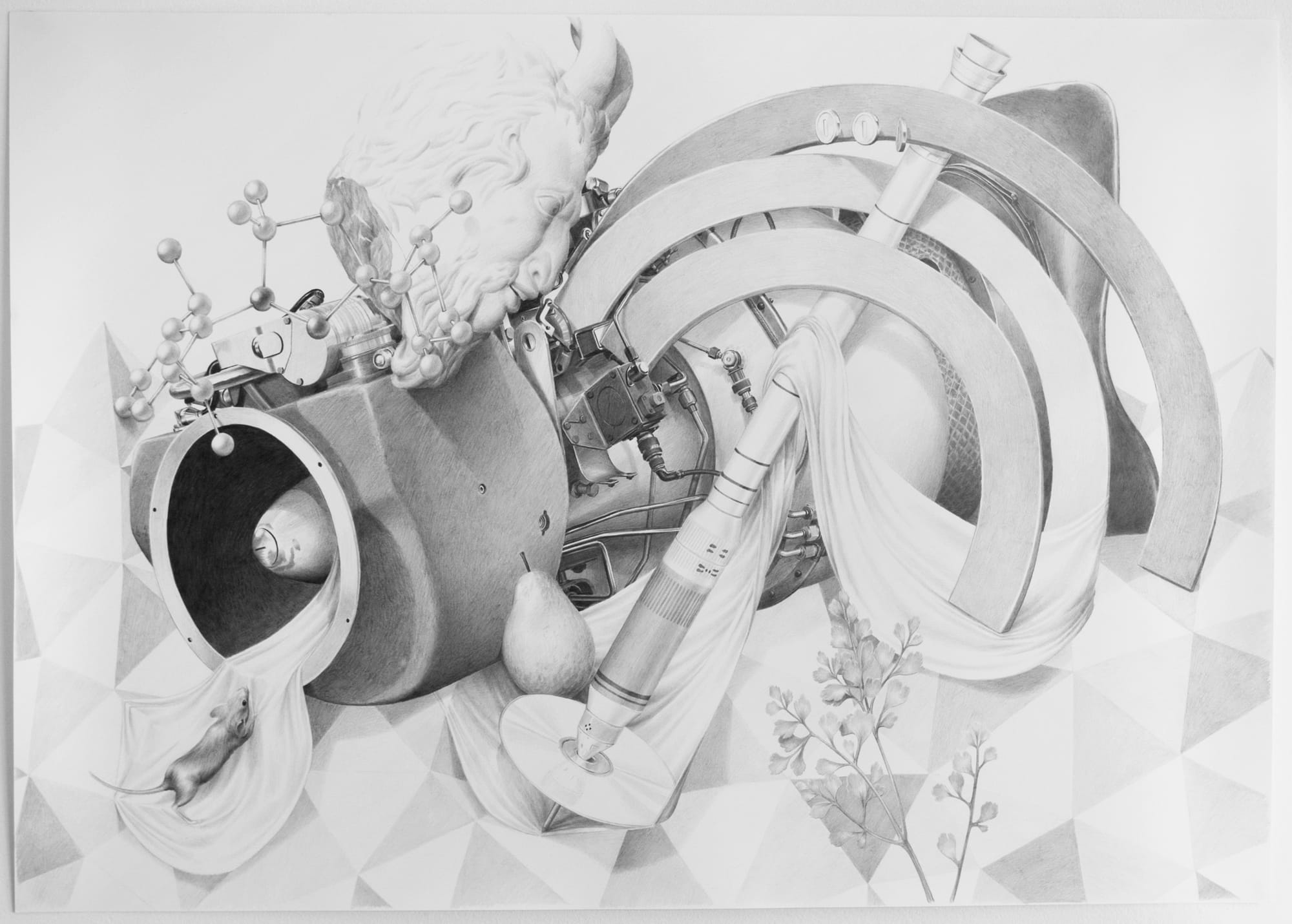 Graphite collage from Boolean Values with a classical bull head, molecular model, industrial machinery, circular bands, mouse, pear, and plants.