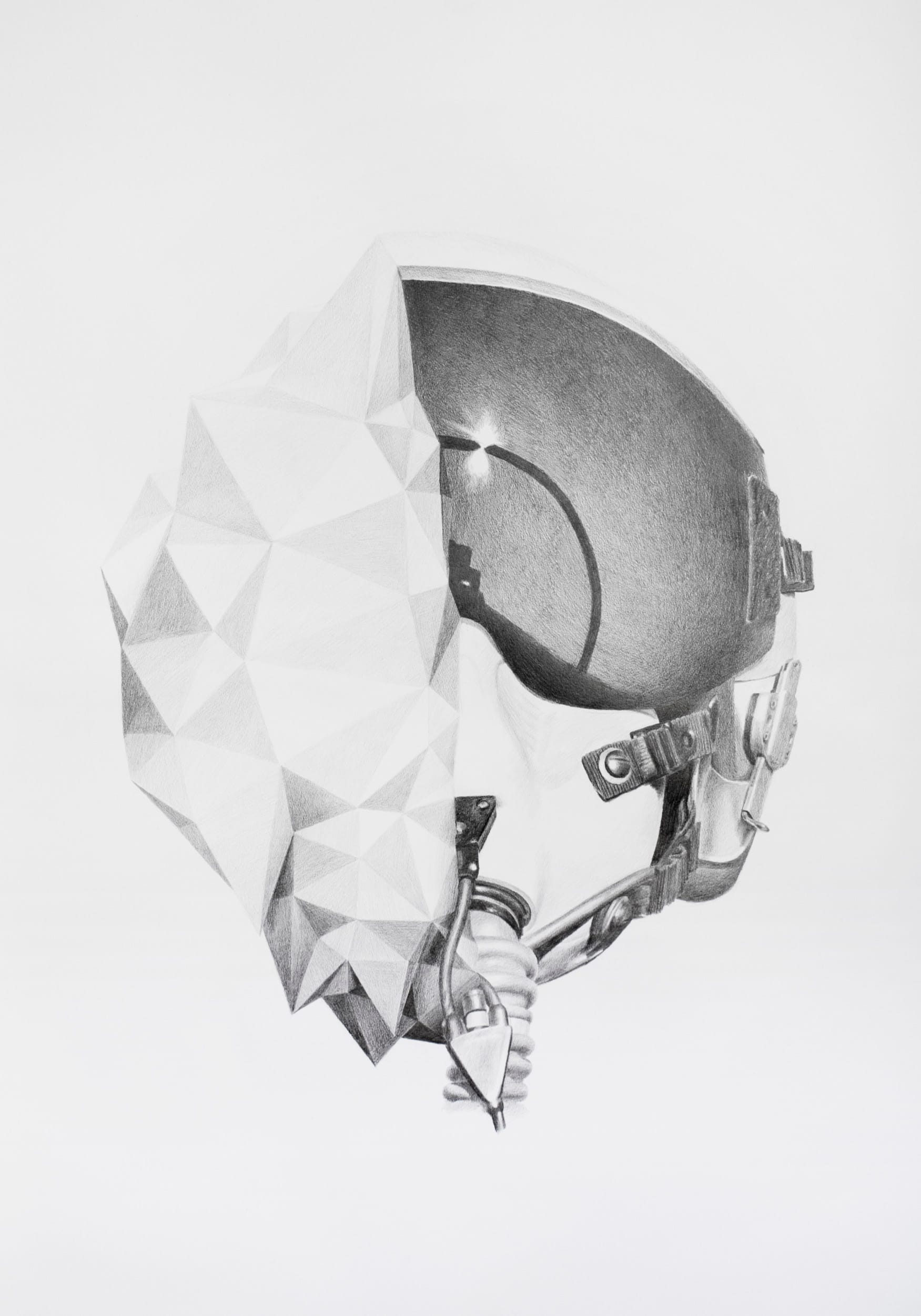 Graphite drawing from Boolean Values of a flight helmet joined to a large faceted crystalline growth.