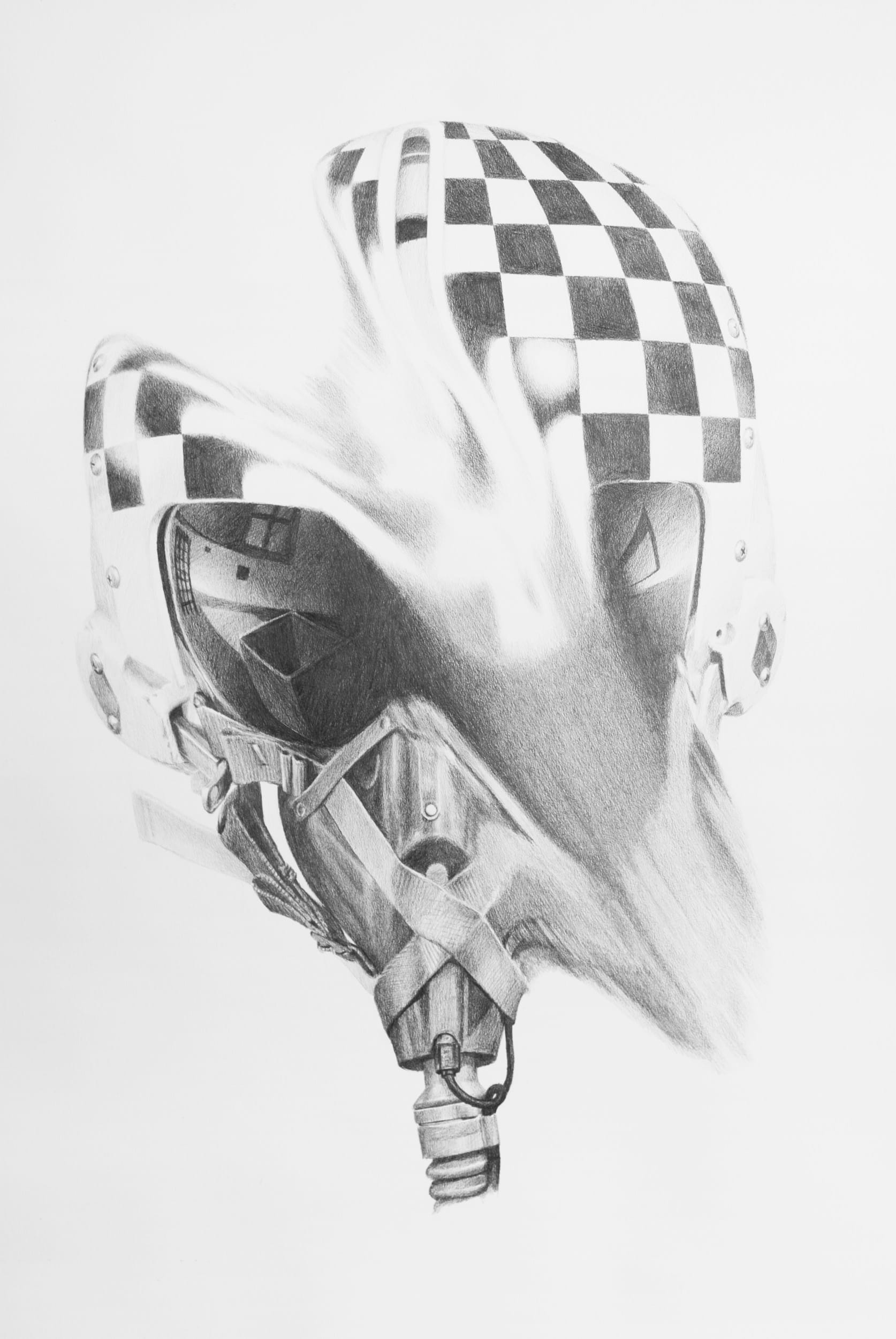 Graphite drawing from Boolean Values of a checkerboard-pattern flight helmet and respirator viewed in profile.