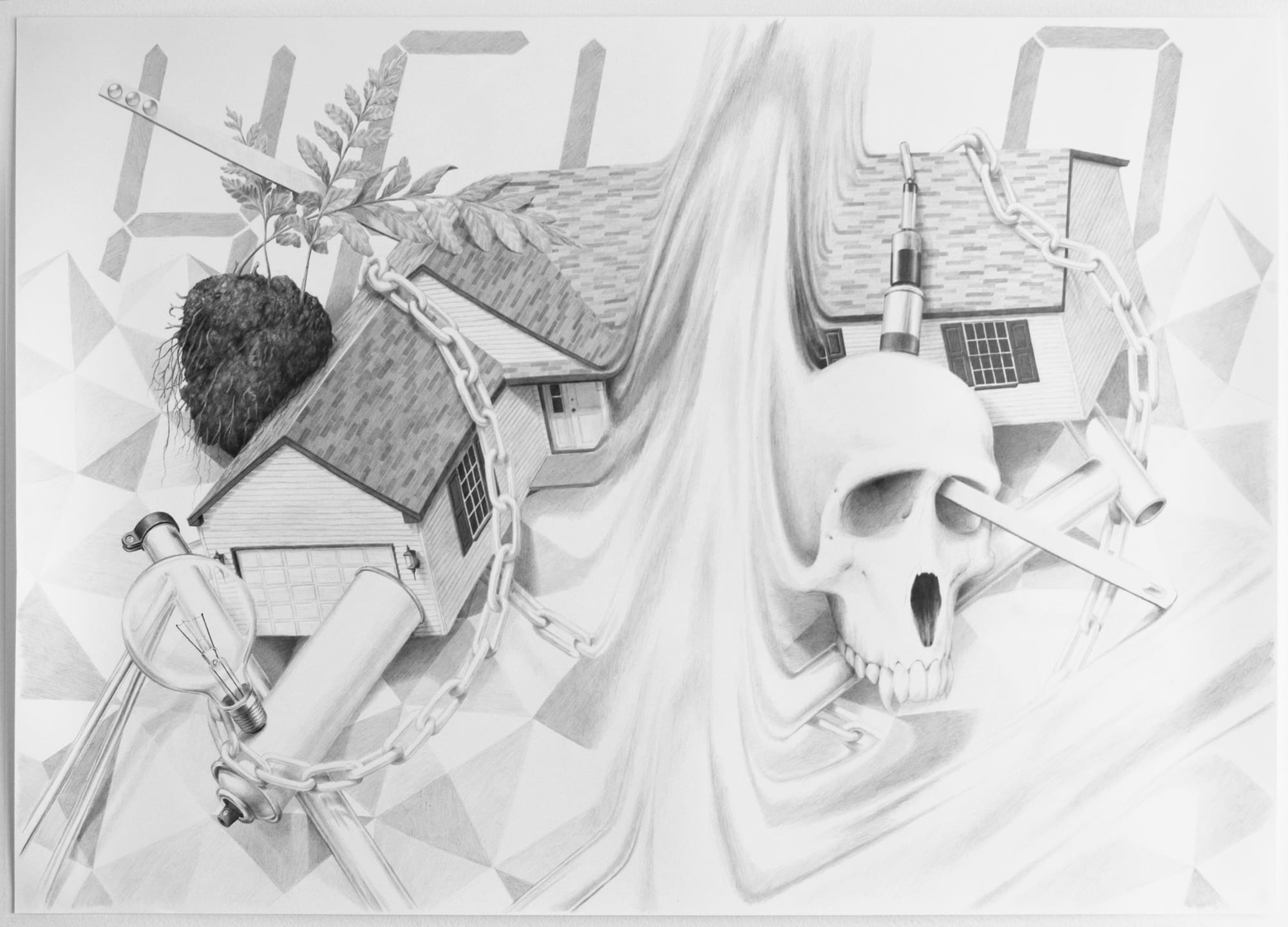 Graphite collage from Boolean Values with two houses, chains, light bulbs, a skull, a rooted plant, and flowing hair over faceted geometry.