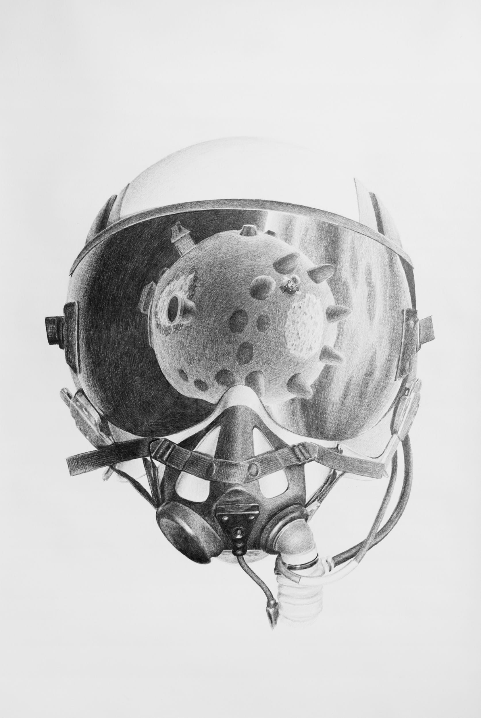Graphite drawing from Boolean Values of a flight helmet and respirator with a studded spherical form reflected in the visor.