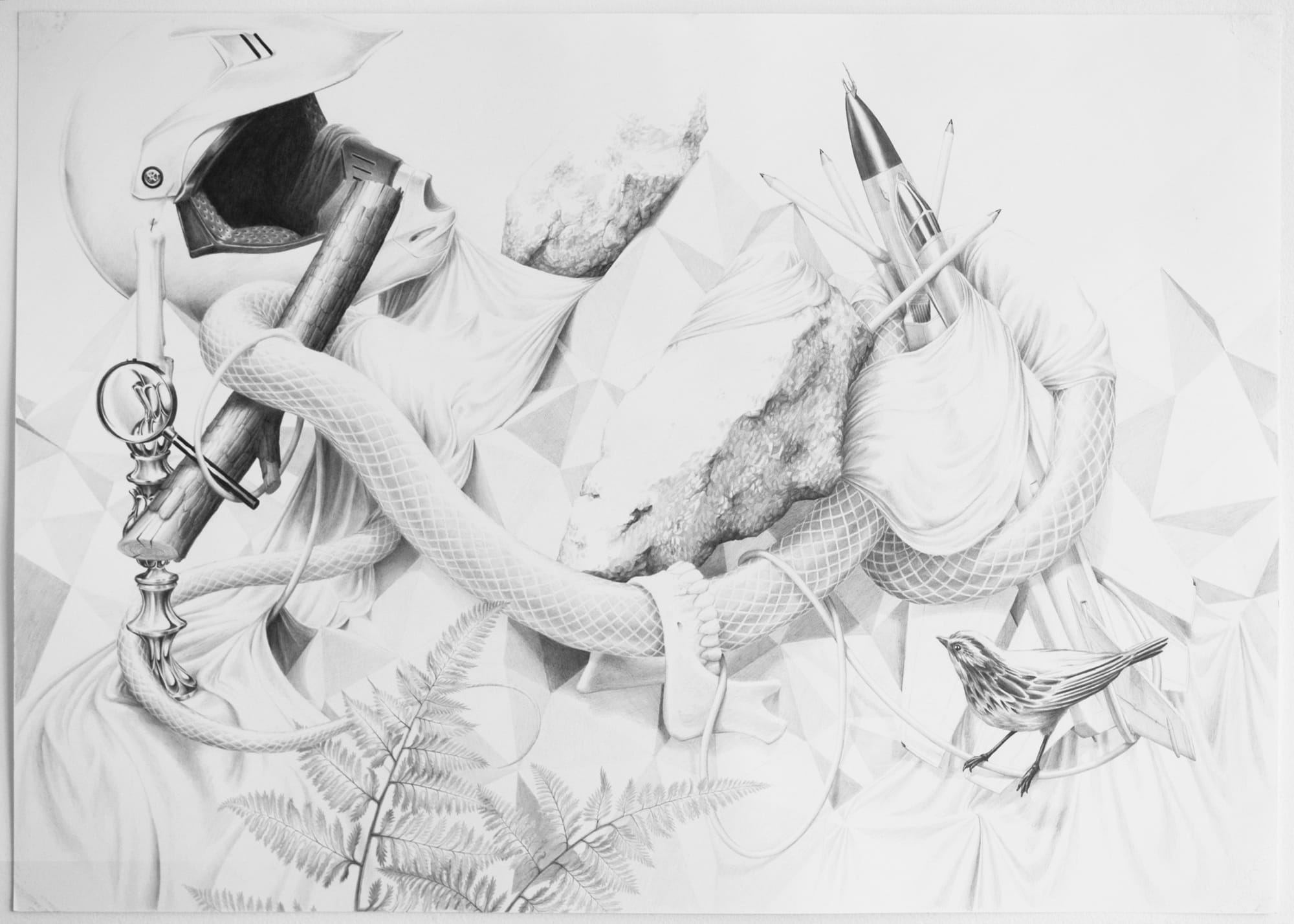Graphite collage from Boolean Values with helmeted human forms, fishnet limbs, pencils, a bird, fern leaves, and geometric facets.