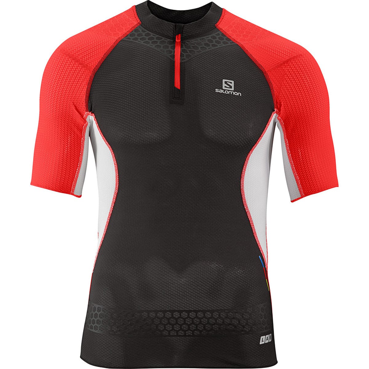 Salomon S/LAB EXO Zip Tee in black with red raglan sleeves and white side panels