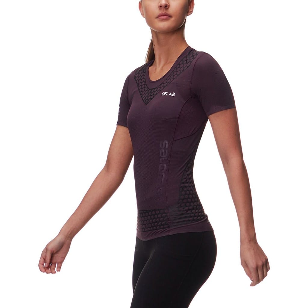Purple women’s Salomon S/LAB EXO T-Shirt, front on-body view