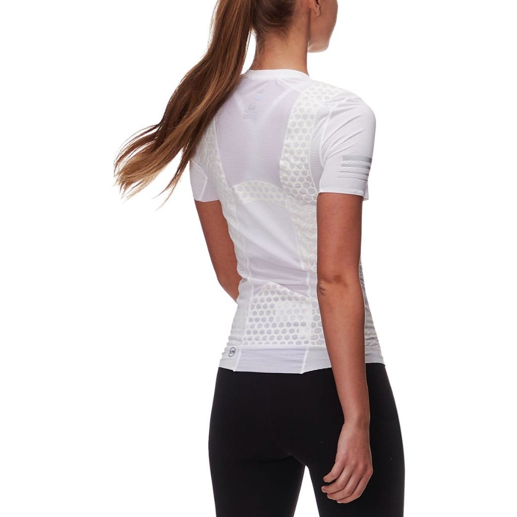 White women’s Salomon S/LAB EXO T-Shirt, lower support detail