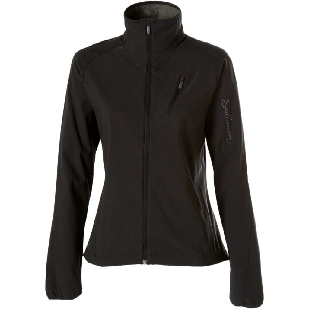 Black women’s Salomon Charvin Softshell Jacket with stand collar and zipped chest pocket