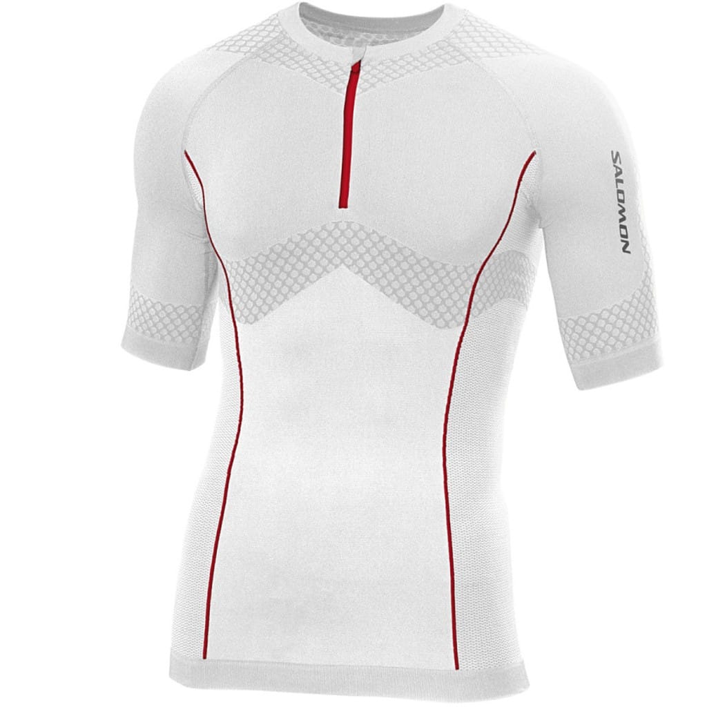 White Salomon EXO Motion short-sleeve trail-running top with red zip and mapped honeycomb support