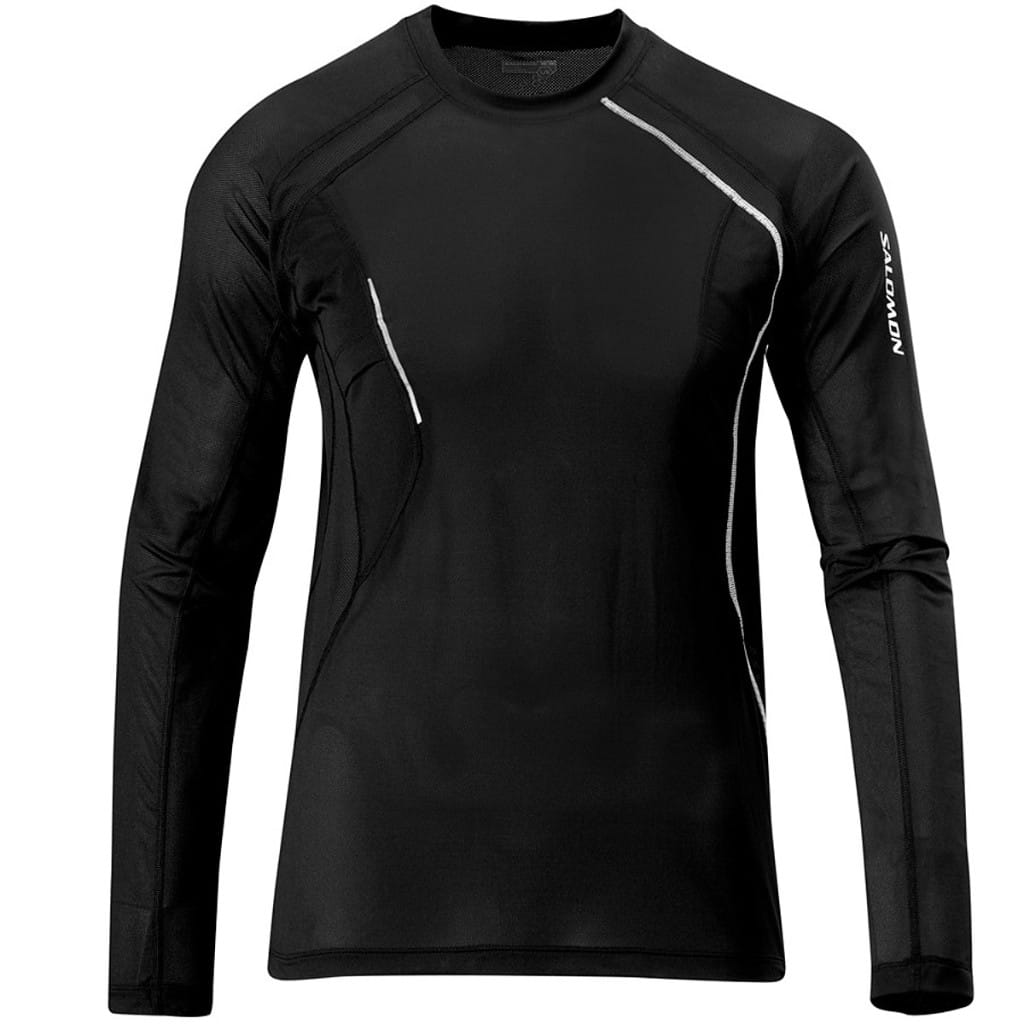 Black Salomon long-sleeve trail-running top with reflective seam piping