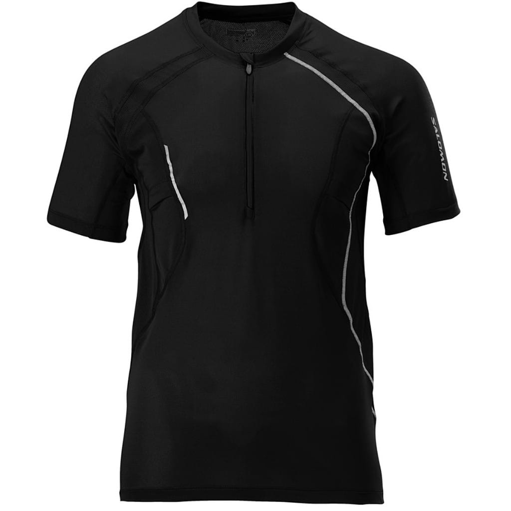 Black Salomon half-zip short-sleeve trail-running top with reflective seam piping