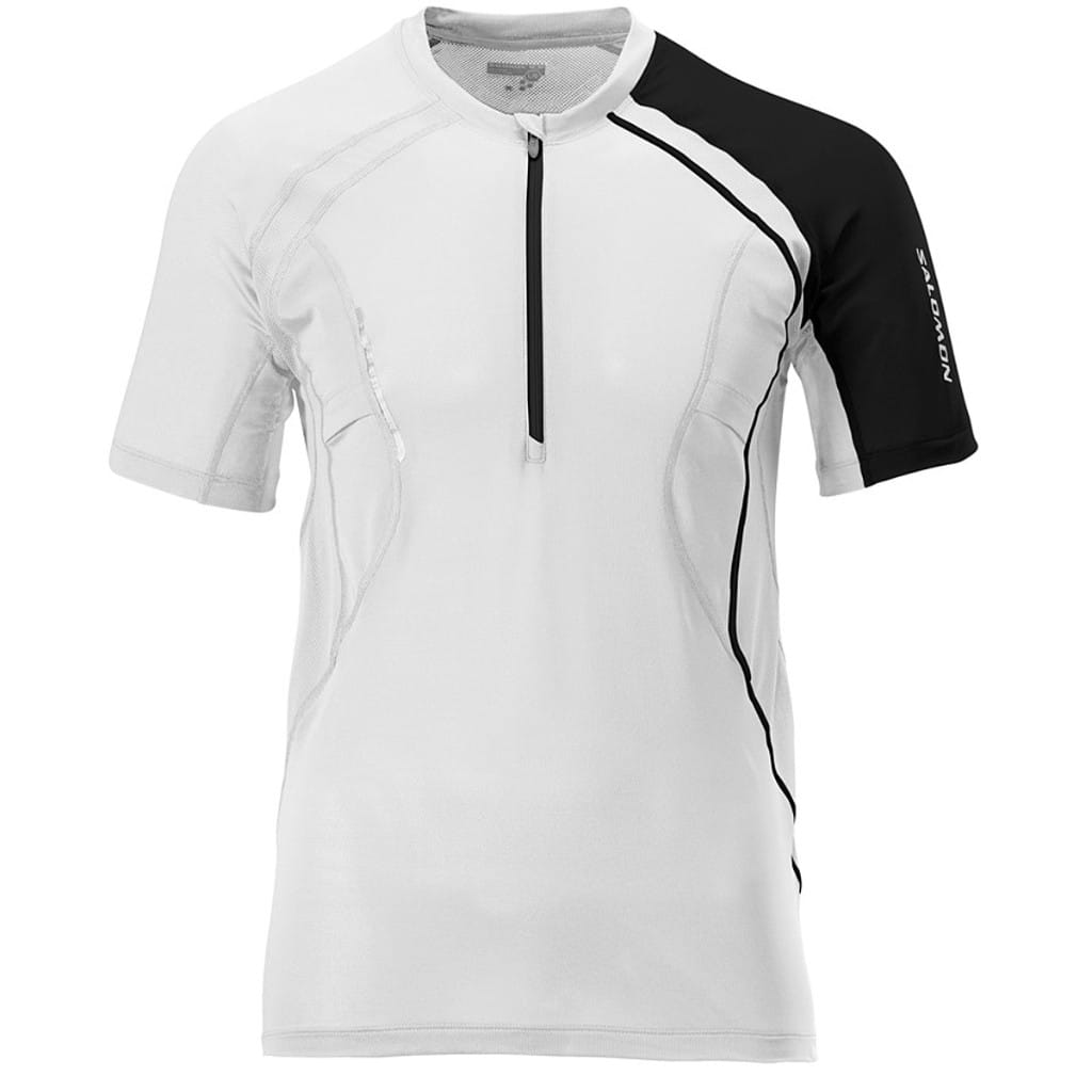 White Salomon half-zip short-sleeve trail-running top with black shoulder and sleeve panel