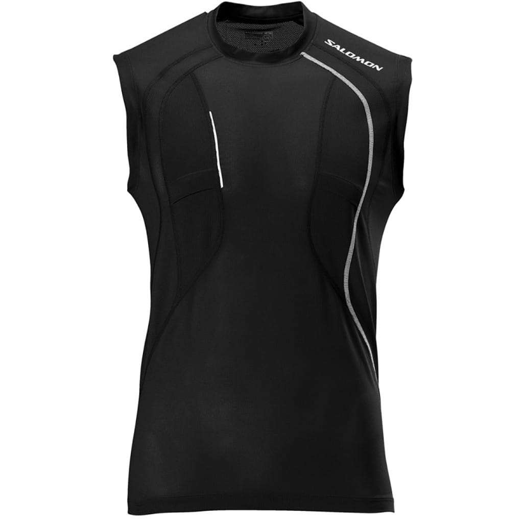 Black Salomon sleeveless trail-running top with reflective shoulder piping