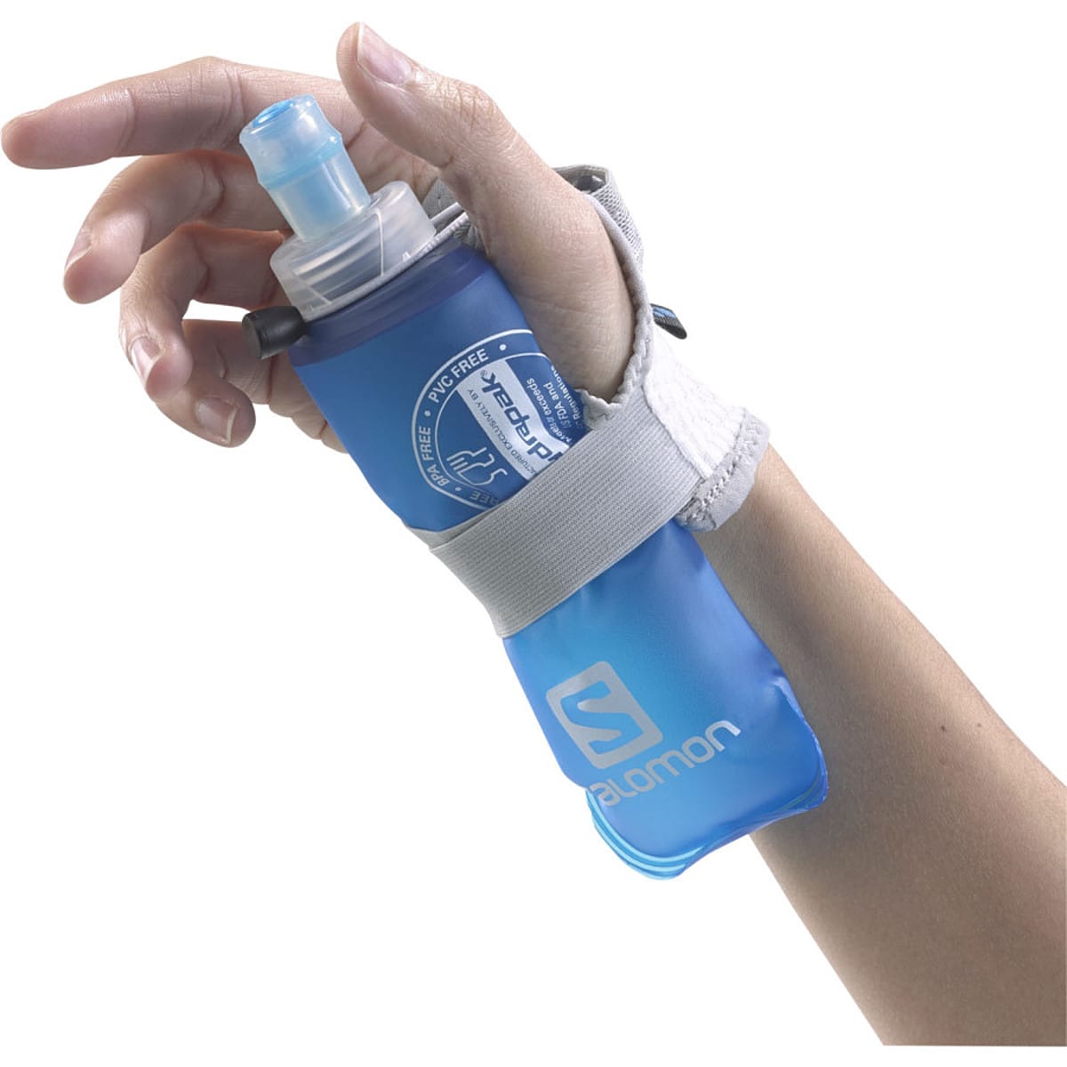 In-use view of the light gray Salomon Hydro Sense glove securing a blue Hydrapak soft flask against the hand with an adjustable strap. Product family is supported by Salomon's FW16 press...