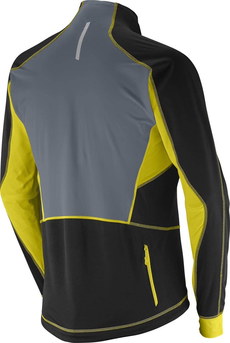Black, gray, and lime Salomon Equipe softshell jacket, product code L36325100. Rear product view with reflective upper-back detail and zippered rear pocket. Exact model naming is filename...