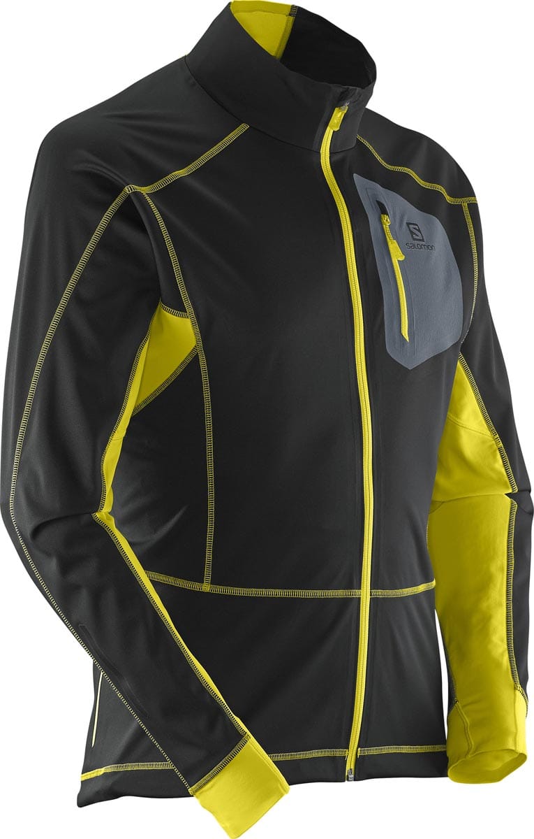 Black and lime Salomon Equipe softshell jacket, product code L36325100. Angled front product view showing the gray zippered chest panel and visible Salomon logo. Exact model naming is fil...