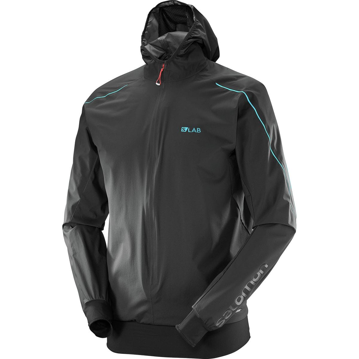 Black Salomon S/LAB hooded technical running shell with turquoise seam piping, red zipper pull, and tonal forearm branding. SAL00V8 is filename-supported; exact model name remains unconfi...