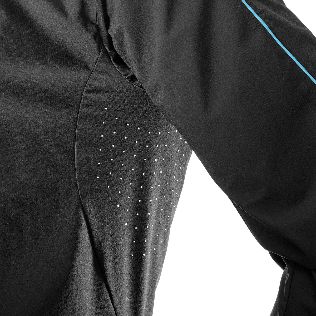 Close-up of the black Salomon S/LAB shell showing laser-perforated underarm ventilation, articulated panel construction, and turquoise sleeve piping. SAL00V8 is filename-supported; exact...
