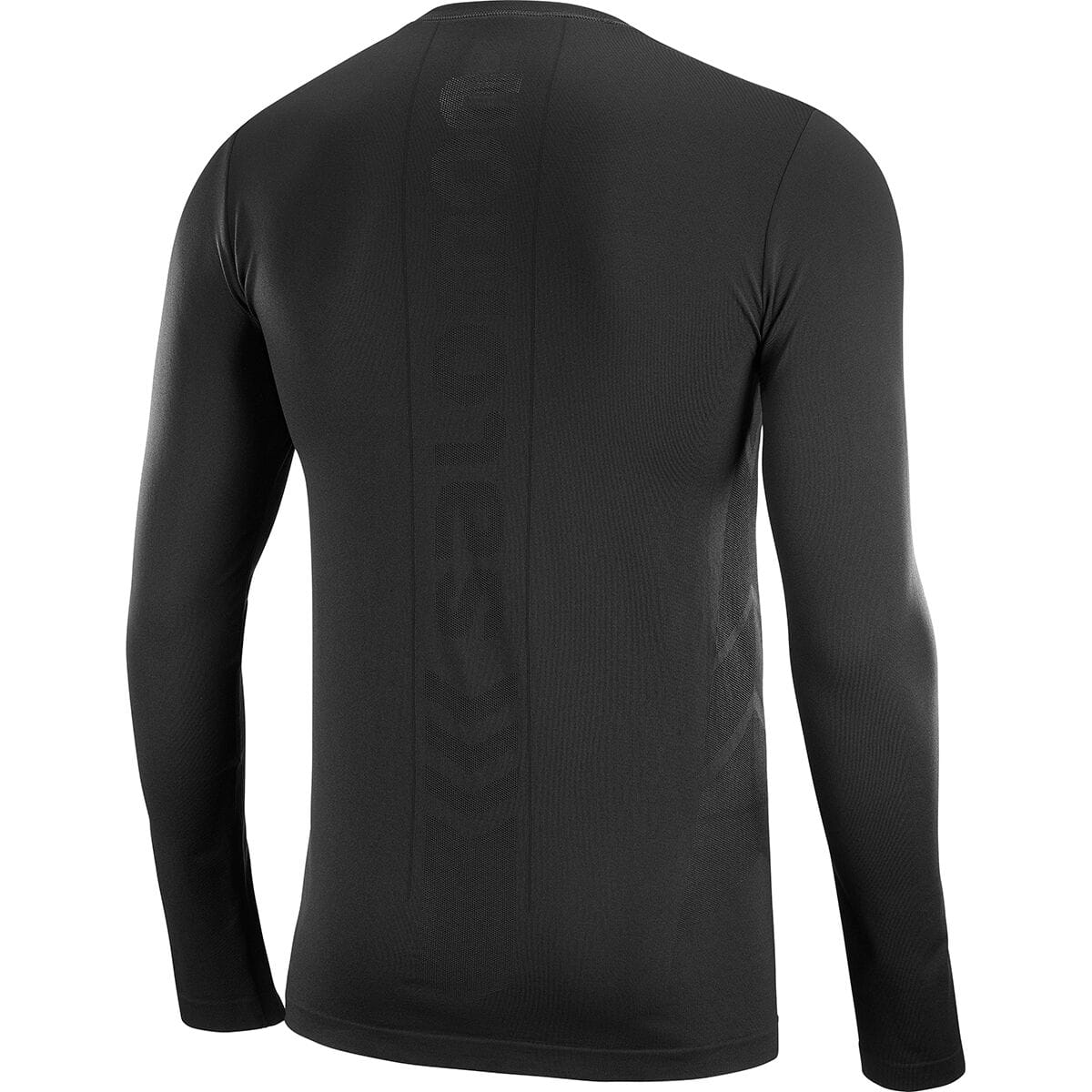 Rear view of the black Salomon Sense Pro men's long-sleeve top, showing vertical body-mapped ventilation, tonal SALOMON lettering, and chevron knit structure. Retail item code SAL01RO and...
