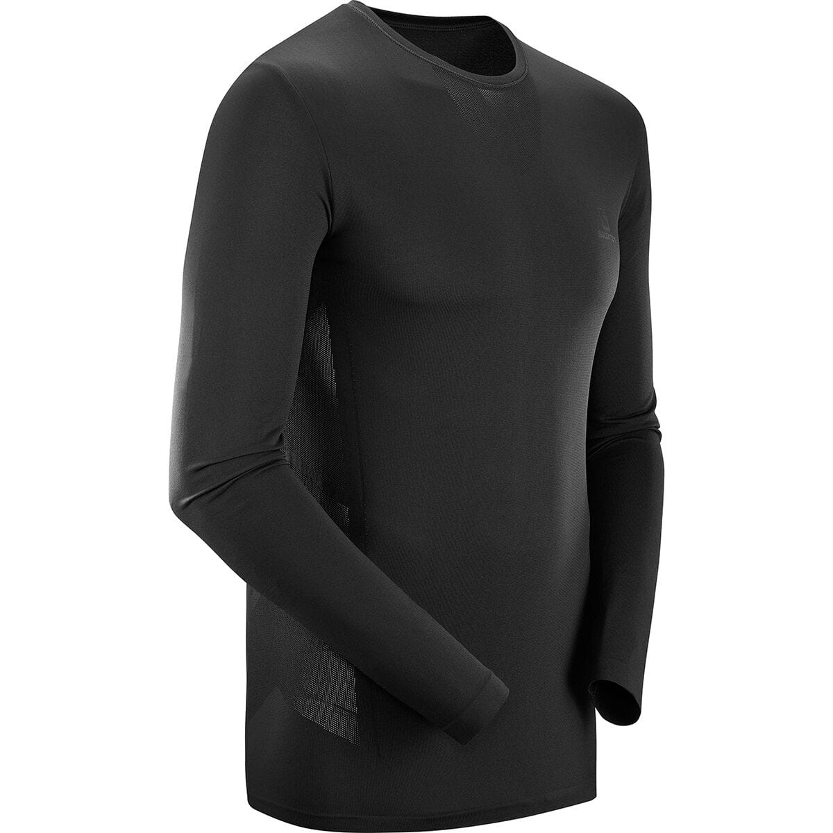 Angled front view of the black Salomon Sense Pro men's long-sleeve top, highlighting body-mapped mesh ventilation at the collar, side body, and lower torso. Retail item code SAL01RO and m...