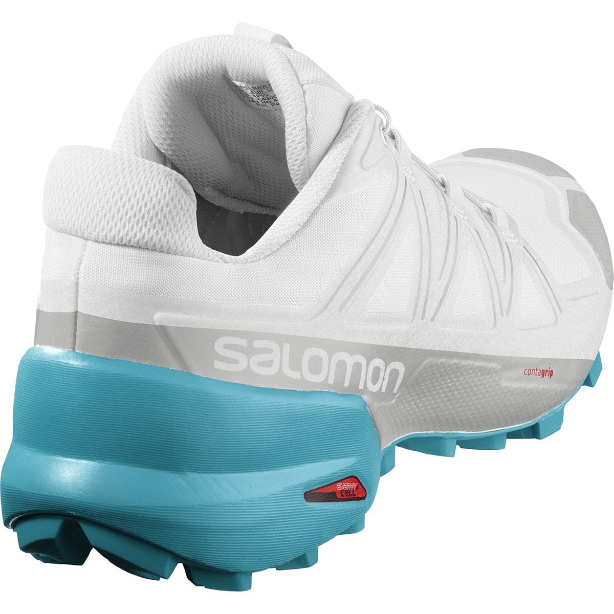 Rear-quarter view of the white and turquoise Salomon Speedcross 5 women's trail shoe, showing heel cushioning, EnergyCell+ badge, Contagrip marking, and deep outsole lugs. Retail item cod...