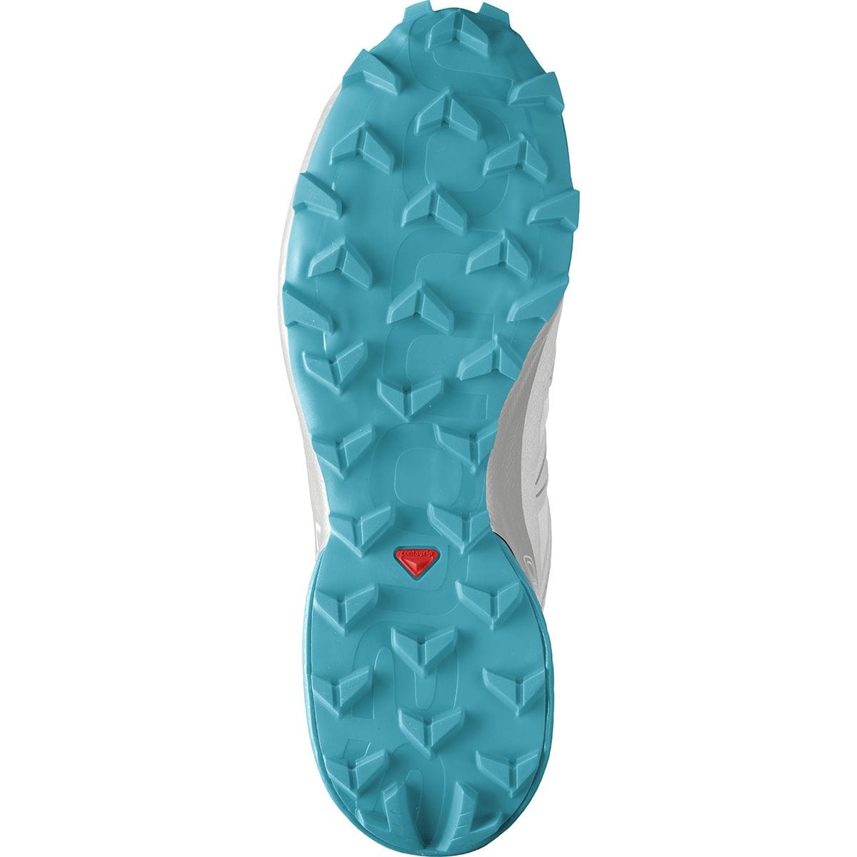 Bottom view of the turquoise Salomon Speedcross 5 outsole, showing the full Mud Contagrip lug pattern and red Contagrip badge. Retail item code SAL01PA is source-supported.