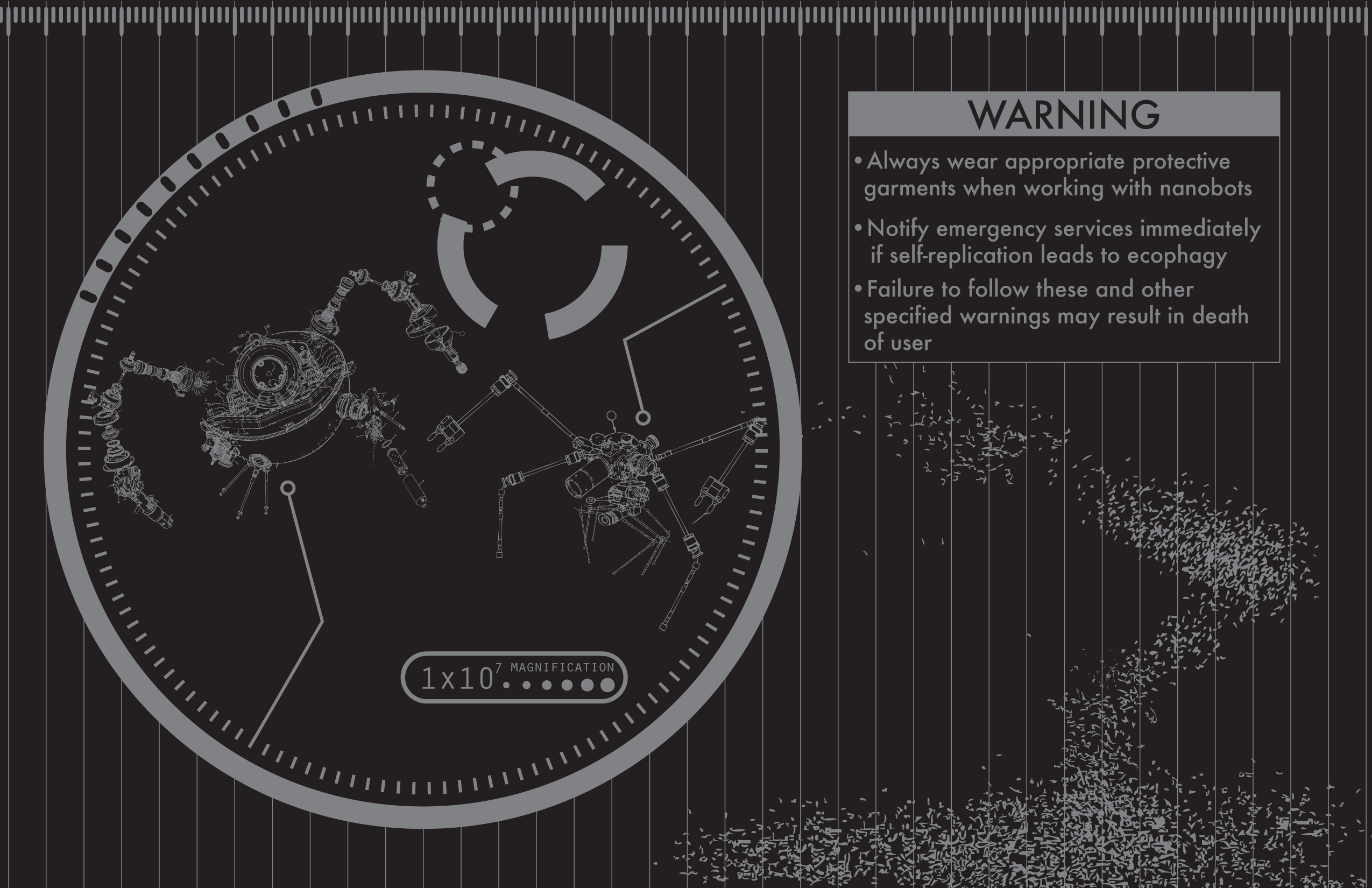 Nanobots and an escaping swarm shown inside a circular magnification field in Miles Donovan's gray technical warning diagram.