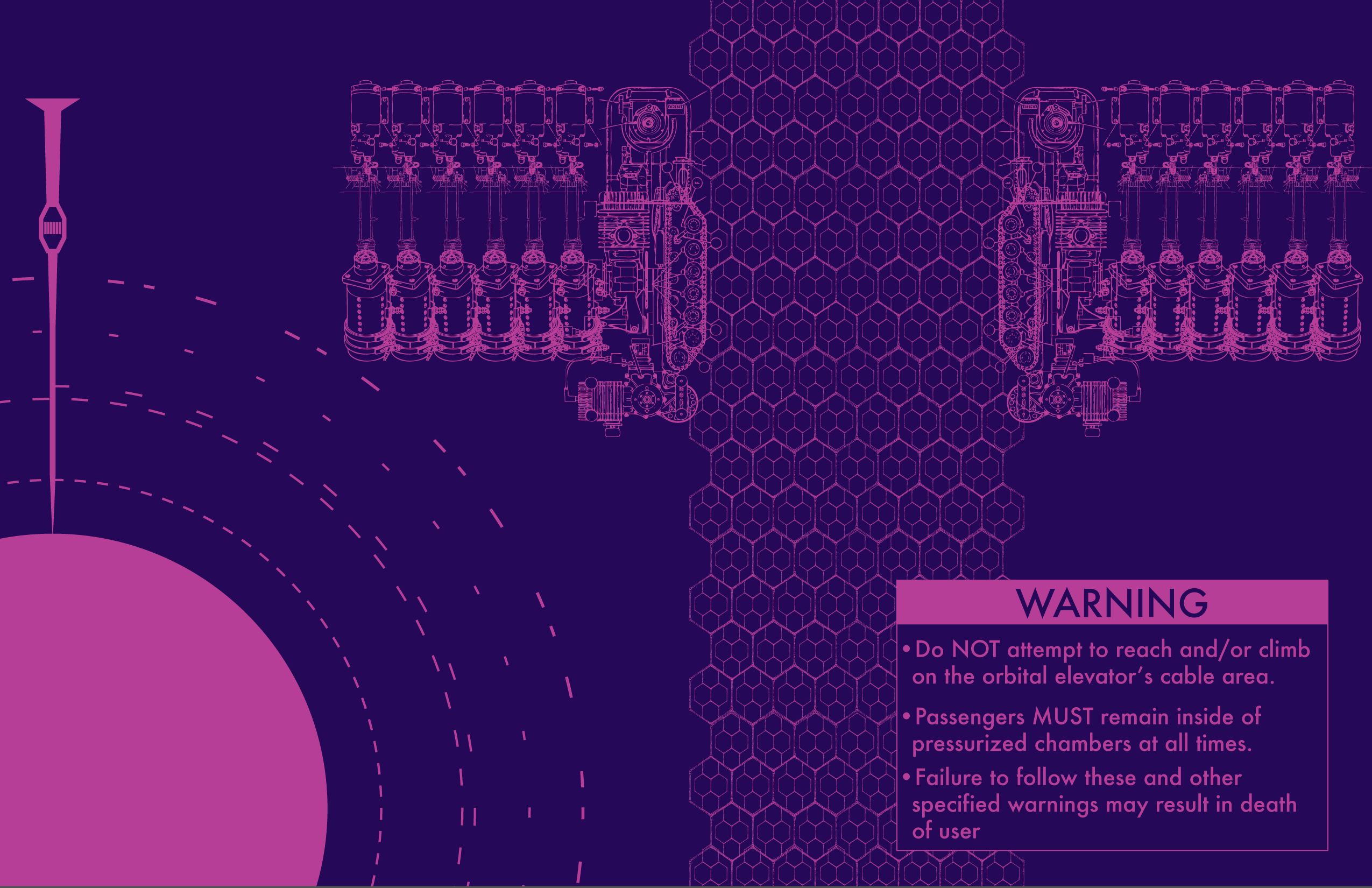 Orbital elevator cable, machinery and orbital paths rendered as a magenta technical warning diagram by Miles Donovan.